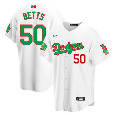 Men's Los Angeles Dodgers #50 Mookie Betts White Green Mexico 2020 World Series Stitched Jersey